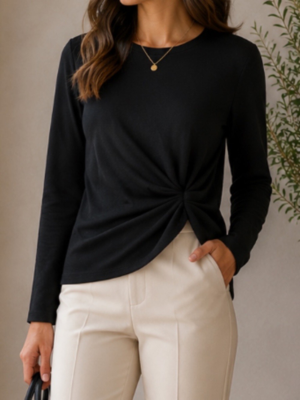 iii Halogen Black Long Sleeve Twist Knot Hem Top Fitted Stretch Women’s S